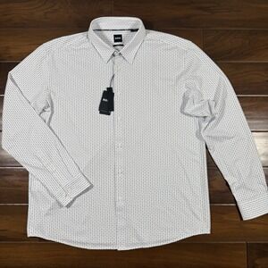 NEW Hugo Boss XXL White Patterned Roan Kent Button Up Long Sleeve Shirt Slim Fit